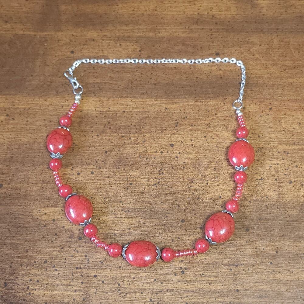 Red Marbled Acrylic Bead Necklace Silver Tone Chain Statement Costume Jewelry